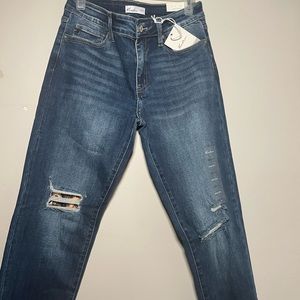 KanCan Skinny Mid Rise Leopard Backed Ripped Jean